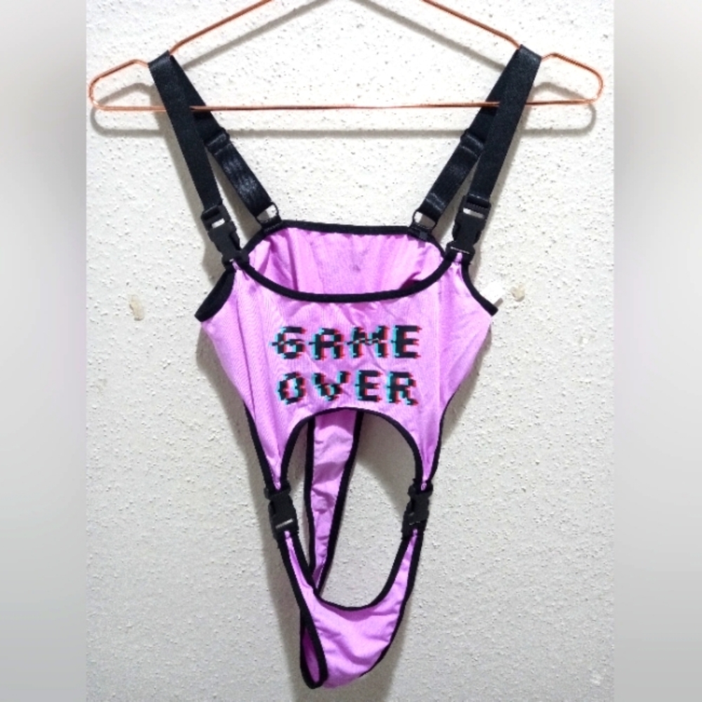 Women's Game Over Graphic One Peace Micro Mini Bikini Swimsuit Purple Black XS